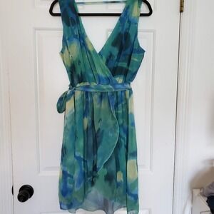 I JEANS Sleeveless Dress Watercolor Print Faux Wrap Belted knee length‎ M 079